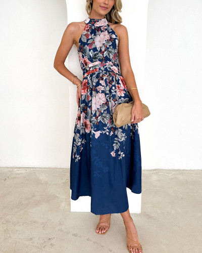 Halter neck printed waist slimming dress
