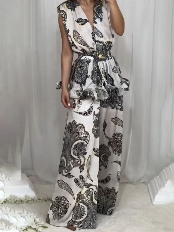 Sleeveless V-neck retro print two-piece set