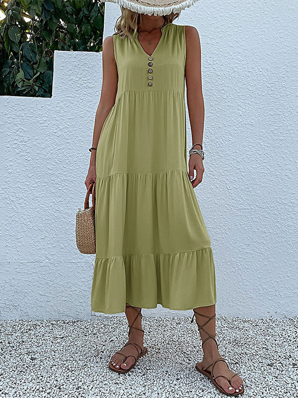 Split-Joint Pleated Sleeveless Loose V-Neck Midi Dresses