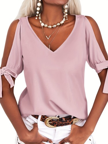 Cold Shoulder Tops Casual Cold Shoulder Women's Short Sleeve V-Neck Loose Cutout Summer Fashion Tops Tshirts Blouse Shirts