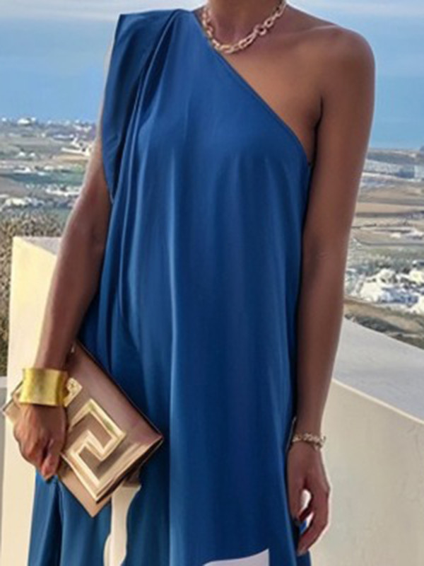 A-Line Loose Asymmetric Printed Split-Joint One-Shoulder Maxi Dresses