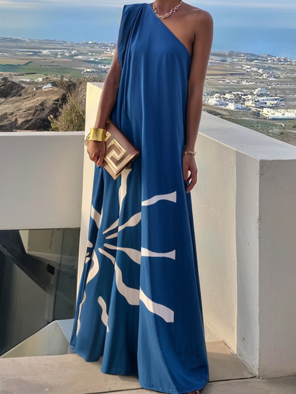A-Line Loose Asymmetric Printed Split-Joint One-Shoulder Maxi Dresses