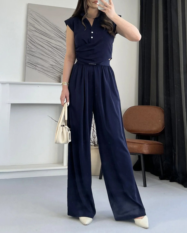 Solid Commuter Lappel Top & Pants Two-Piece Set