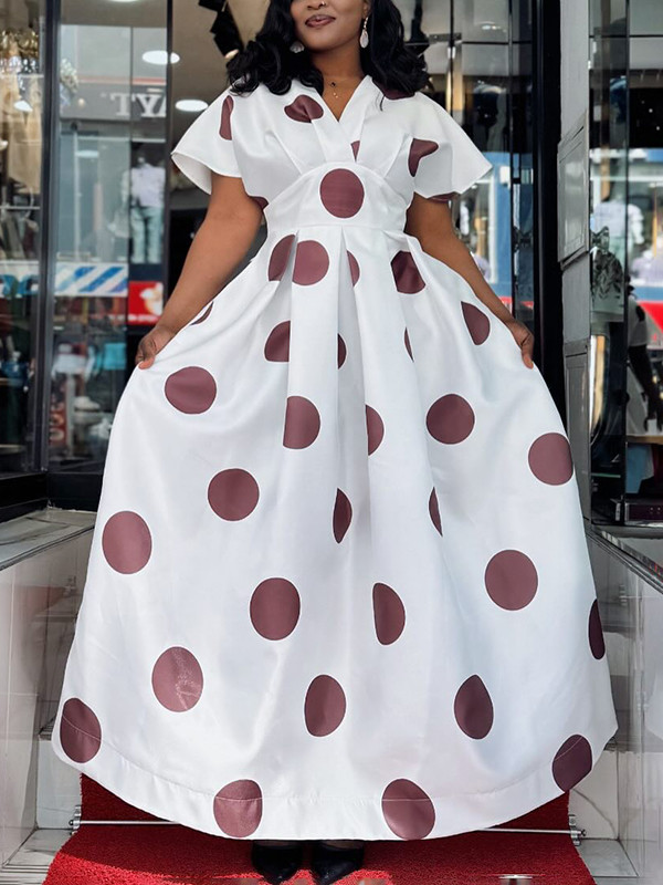 A-Line Half Sleeves Pleated Polka-Dot V-Neck Maxi Dresses