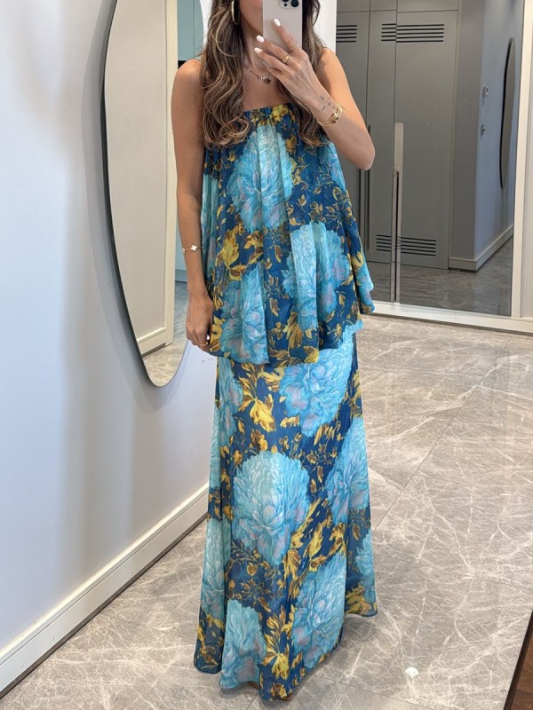 Chic floral print two piece set