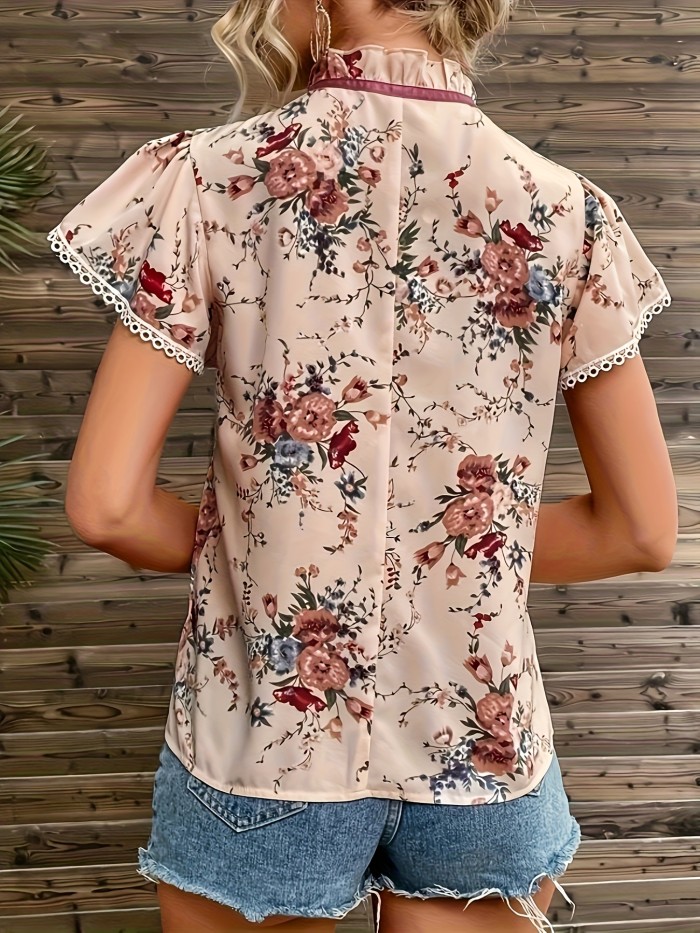 Women's Vintage French Floral Blouse with Bow Tie Neckline & Butterfly Sleeves - Lightweight Short Sleeve Top for Spring\u002FSummer, Machine Washable Elegant Casual Wear, Floral Print Blouse, Summer Fashion, Bellabuttonup Shirt, Nontransparent Fabric