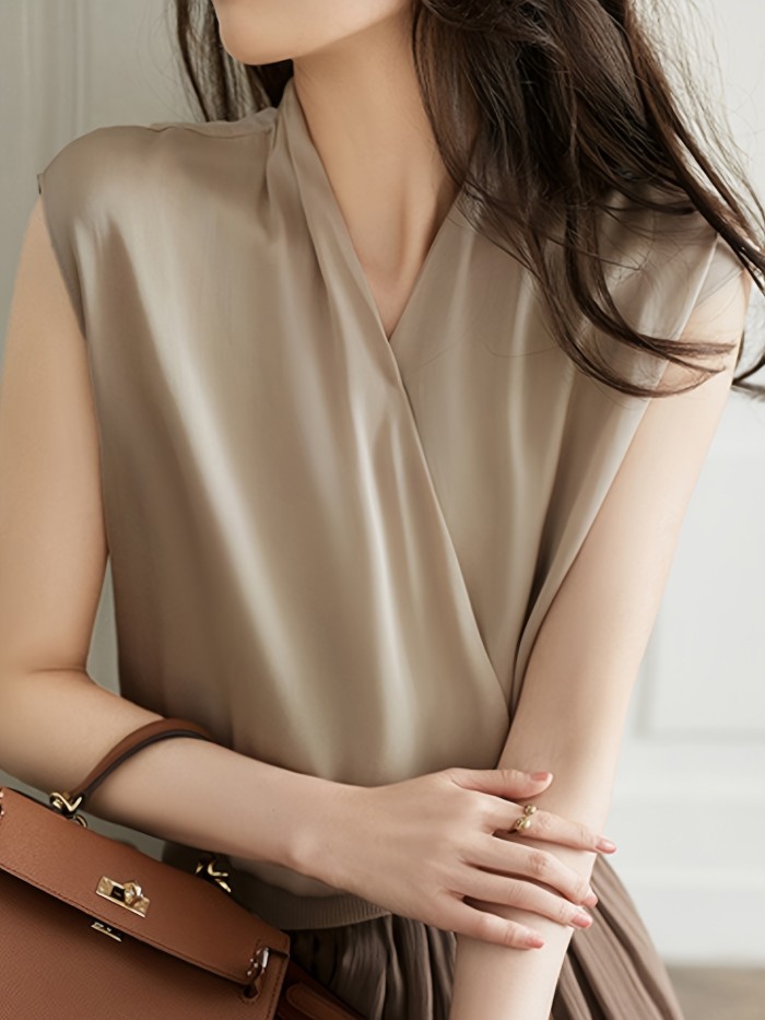 Summer French Style Sleeveless Blouse Solid Color Surplice Neck Blouse, Elegant Sleeveless French Style Blouse For Summer, Women's Clothing