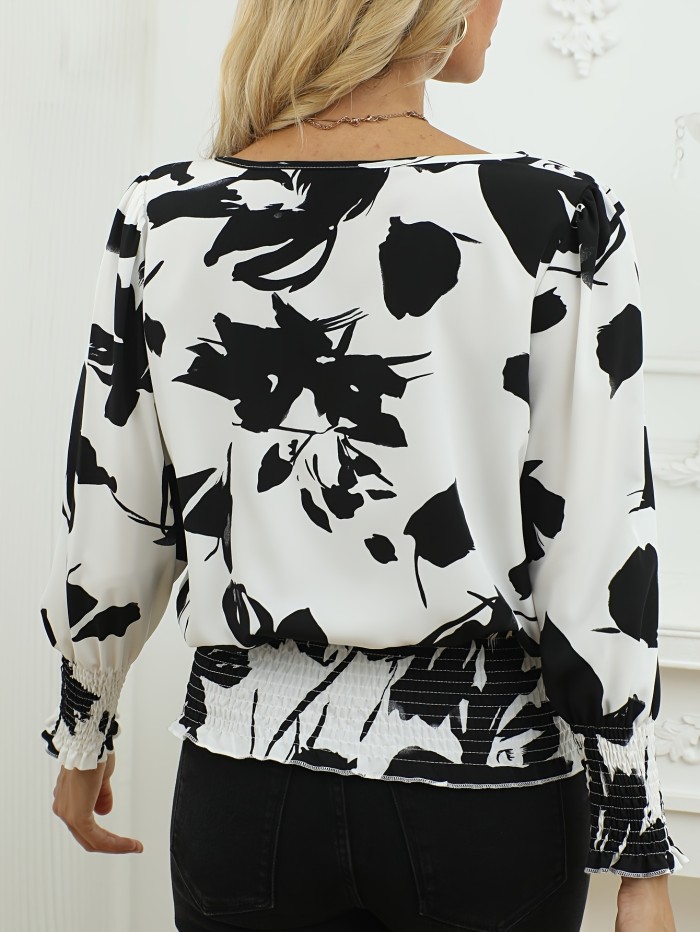 Women's Black & White Floral Print Long Sleeve Blouse - Semi-Sheer Loose Fit Shirt with Puffed Shoulders, Elastic Cuffs & Tuck Detail, Round Neck Top for Casual & Formal Wear, Machine Washable, Versatile Fashion, Fabric