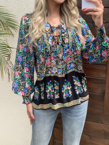 Women's Bohemian Floral shirt - Loose V-Neck Blouse with Drawstring, Long Sleeve boho top in Floral Print (Red\u002FBlue\u002FPink\u002FBlack\u002FTeal\u002FOrange\u002FPurple\u002FWhite\u002F) for Vacation, Festival, Everyday - Machine Washable Lightweight Blouse, Festival Attire, Nontransparent Fabric