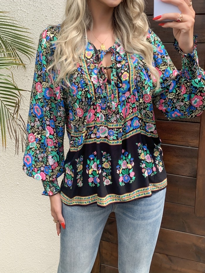 Women's Bohemian Floral shirt - Loose V-Neck Blouse with Drawstring, Long Sleeve boho top in Floral Print (Red\u002FBlue\u002FPink\u002FBlack\u002FTeal\u002FOrange\u002FPurple\u002FWhite\u002F) for Vacation, Festival, Everyday - Machine Washable Lightweight Blouse, Festival Attire, Nontransparent Fabric