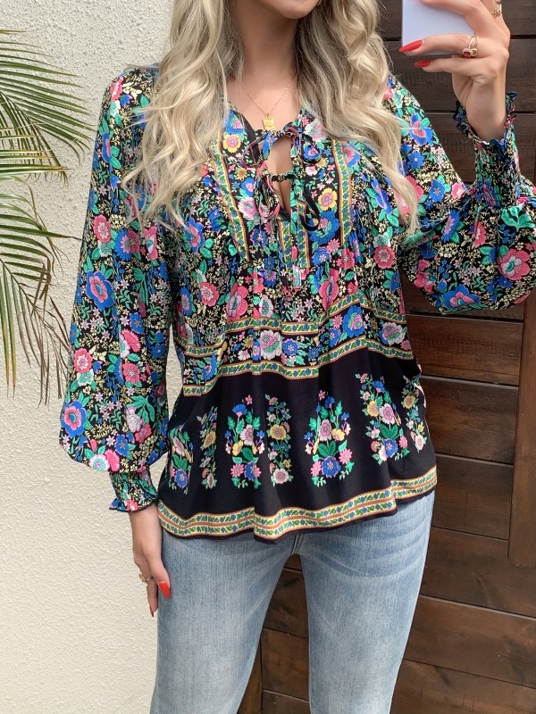 Women's Bohemian Floral shirt - Loose V-Neck Blouse with Drawstring, Long Sleeve boho top in Floral Print (Red\u002FBlue\u002FPink\u002FBlack\u002FTeal\u002FOrange\u002FPurple\u002FWhite\u002F) for Vacation, Festival, Everyday - Machine Washable Lightweight Blouse, Festival Attire, Nontransparent Fabric