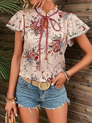 Women's Vintage French Floral Blouse with Bow Tie Neckline & Butterfly Sleeves - Lightweight Short Sleeve Top for Spring\u002FSummer, Machine Washable Elegant Casual Wear, Floral Print Blouse, Summer Fashion, Bellabuttonup Shirt, Nontransparent Fabric