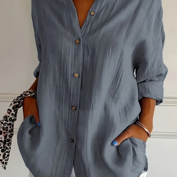 Women'S Solid Color Pleated Collar Women'S Solid Color Pullover Top