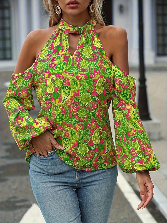 Women's Off-Shoulder Paisley Print Blouse - Lightweight Polyester Machine-Washable Top with Puffed Sleeves, Vibrant Green Floral Pattern for Spring\u002FSummer Casual & Formal Wear