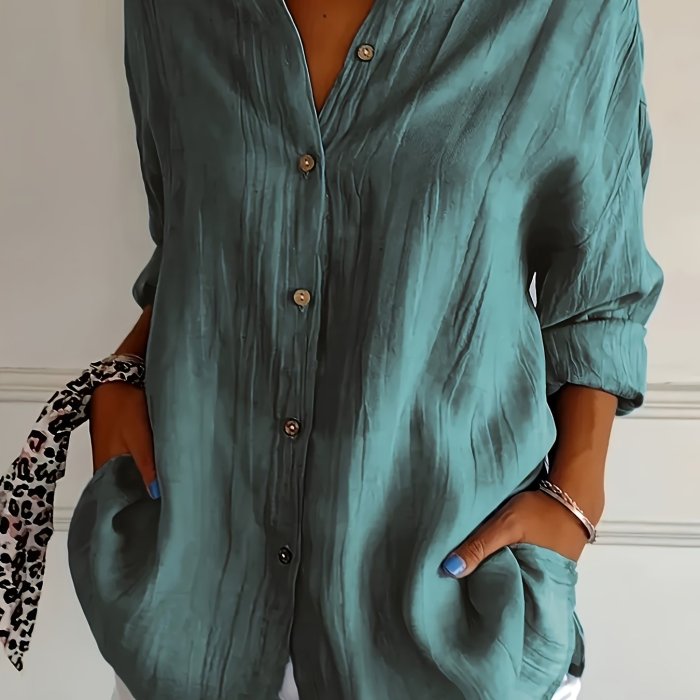Women'S Solid Color Pleated Collar Women'S Solid Color Pullover Top