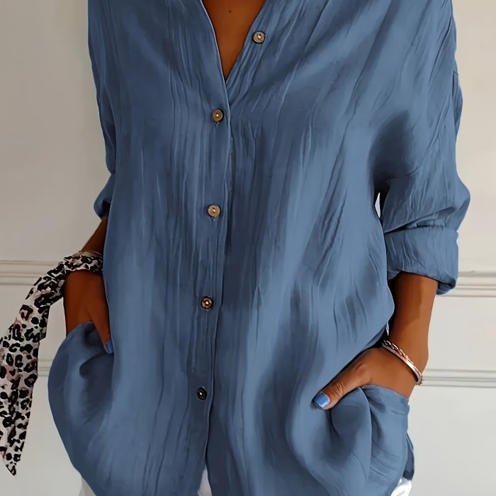 Women'S Solid Color Pleated Collar Women'S Solid Color Pullover Top