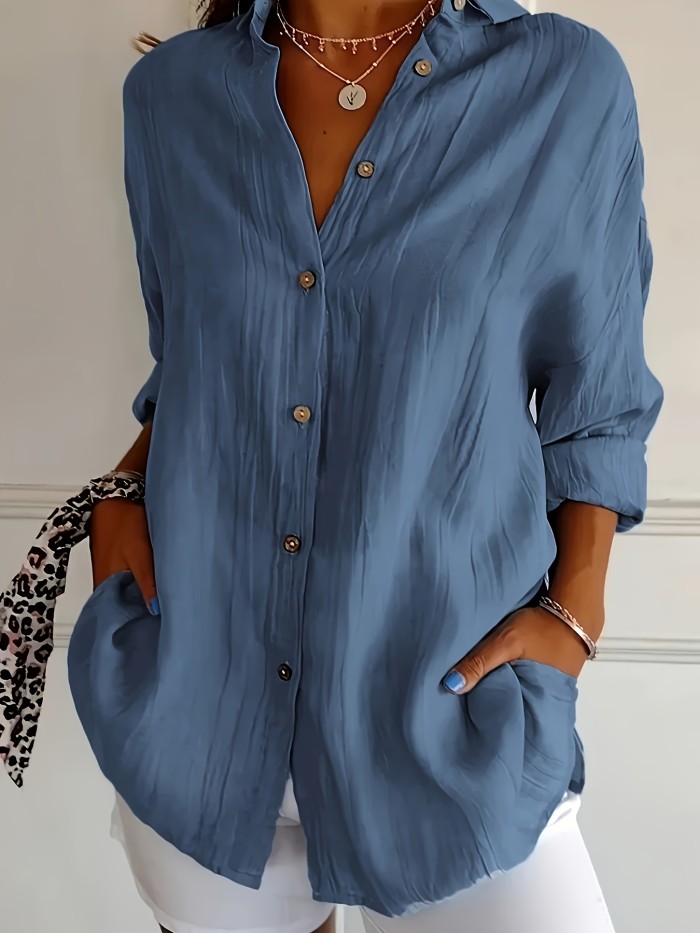 Women'S Solid Color Pleated Collar Women'S Solid Color Pullover Top
