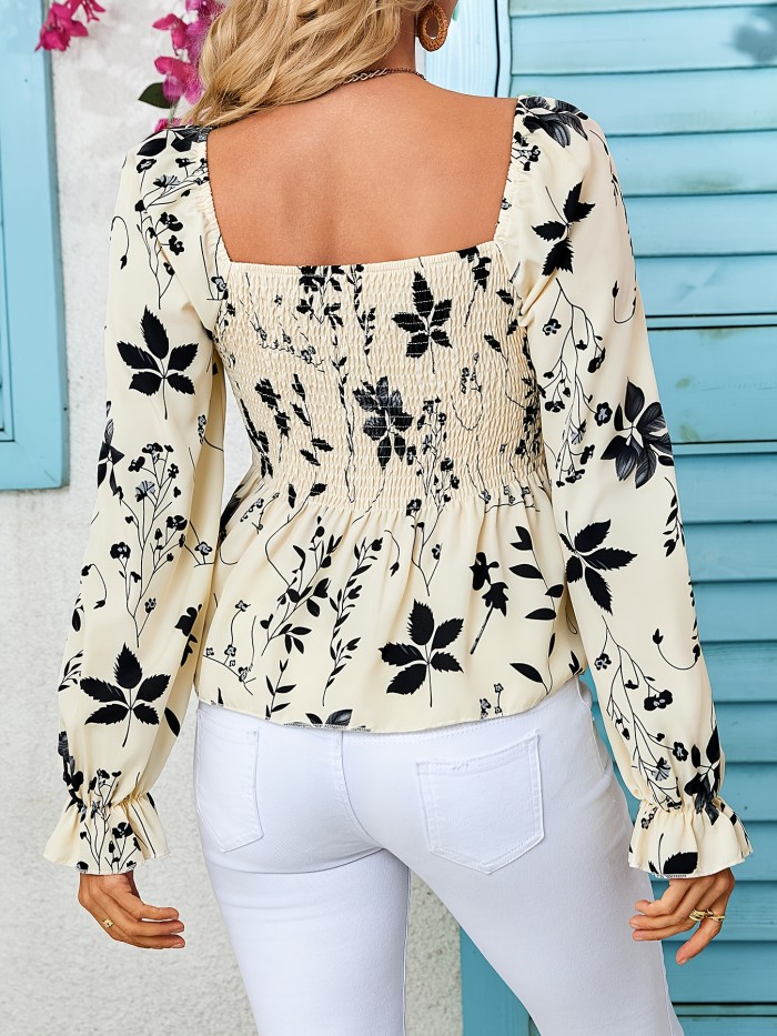 A body-hugging floral print, flattering long sleeve shirt, with an elegant bohemian vacation vibe, ladies' square neck blouse with long sleeves
