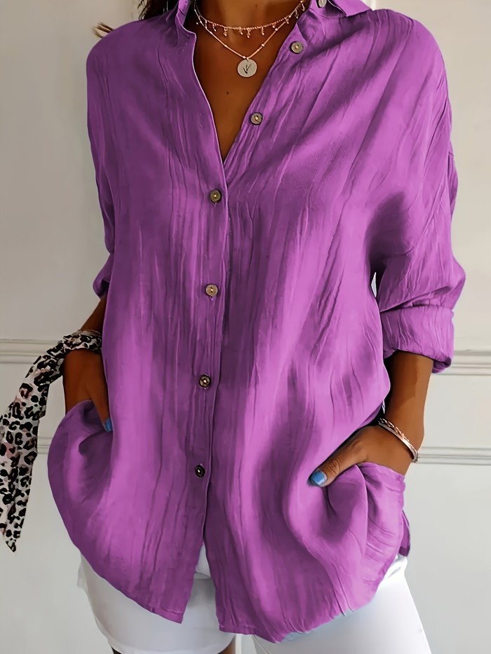 Women'S Solid Color Pleated Collar Women'S Solid Color Pullover Top