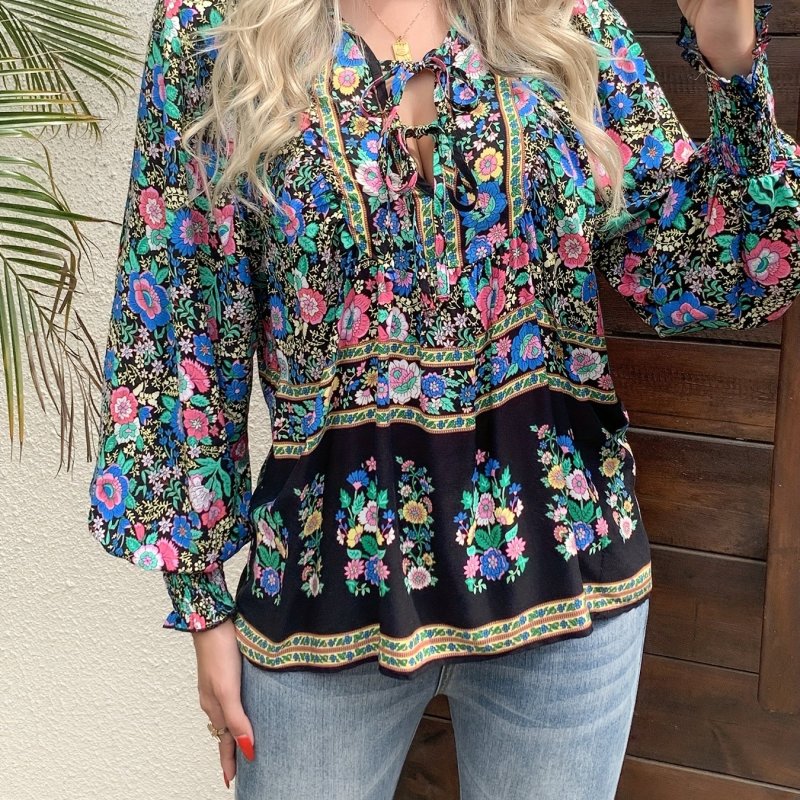Women's Bohemian Floral shirt - Loose V-Neck Blouse with Drawstring, Long Sleeve boho top in Floral Print (Red\u002FBlue\u002FPink\u002FBlack\u002FTeal\u002FOrange\u002FPurple\u002FWhite\u002F) for Vacation, Festival, Everyday - Machine Washable Lightweight Blouse, Festival Attire, Nontransparent Fabric