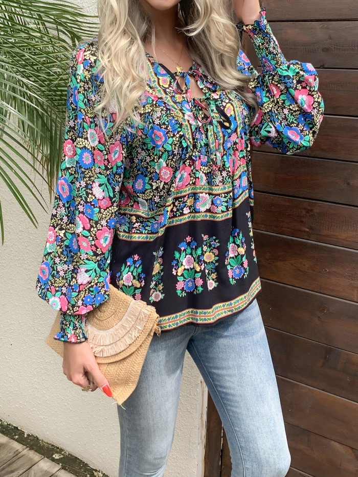 Women's Bohemian Floral shirt - Loose V-Neck Blouse with Drawstring, Long Sleeve boho top in Floral Print (Red\u002FBlue\u002FPink\u002FBlack\u002FTeal\u002FOrange\u002FPurple\u002FWhite\u002F) for Vacation, Festival, Everyday - Machine Washable Lightweight Blouse, Festival Attire, Nontransparent Fabric