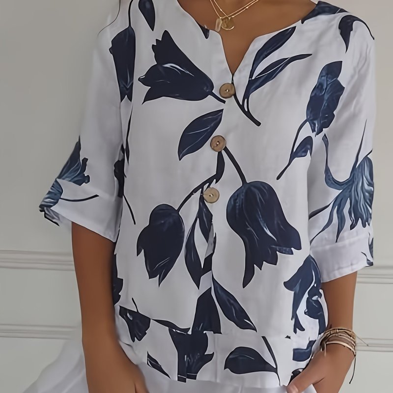 Women's Lightweight Blouse - Elegant Loose Fit V-Neck Shirt with Navy Floral Print on White, Non-See-Through Office & Everyday Blouse for Women, All-Season Machine Washable Tops, Versatile Clothing, Casual Wear, Breathable Fabric, Durable Buttons