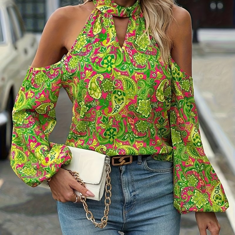 Women's Off-Shoulder Paisley Print Blouse - Lightweight Polyester Machine-Washable Top with Puffed Sleeves, Vibrant Green Floral Pattern for Spring\u002FSummer Casual & Formal Wear