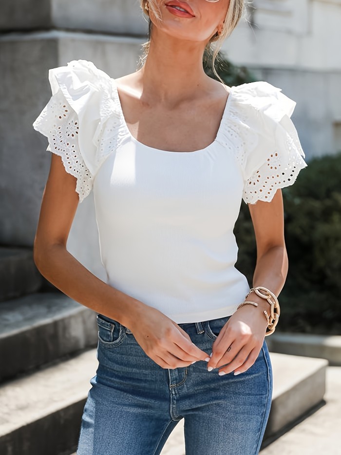 White Eyelet Ruffle Sleeve Slim Fitted Top