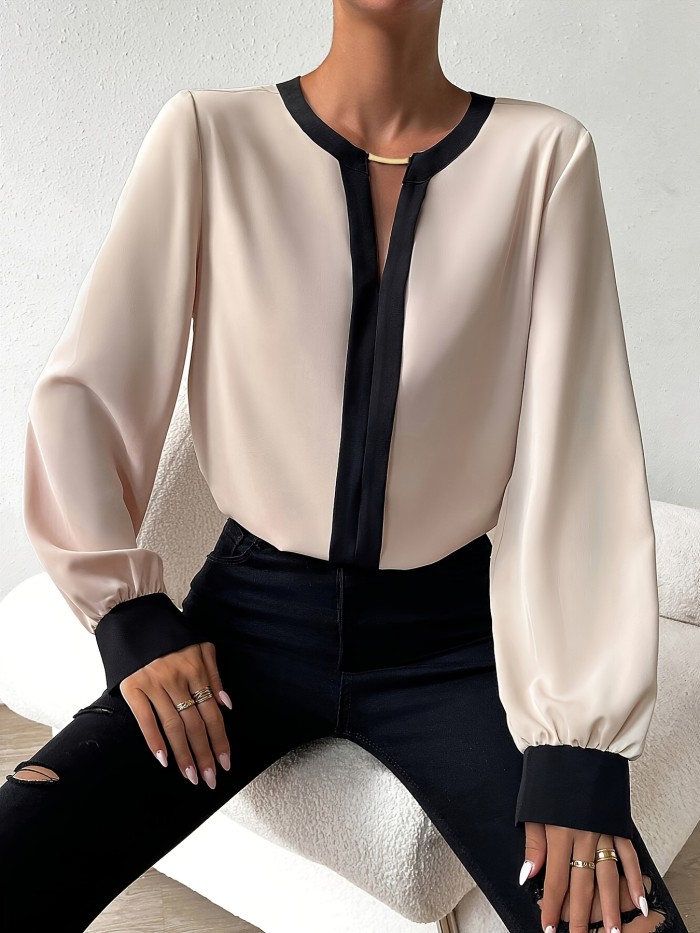 Elegant Women'S Polyester Blouse with Contrast Black Collar & Sleeve Trim - V-Neck Long Sleeve Shirt, Non-See-Through Fabric, Machine Washable, Regular Fit for All-Season Wear, Formal Casual Top, Easycare Clothing