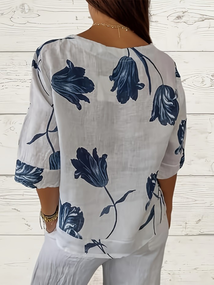 Women's Lightweight Blouse - Elegant Loose Fit V-Neck Shirt with Navy Floral Print on White, Non-See-Through Office & Everyday Blouse for Women, All-Season Machine Washable Tops, Versatile Clothing, Casual Wear, Breathable Fabric, Durable Buttons