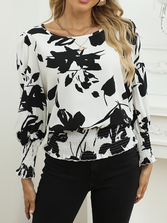 Women's Black & White Floral Print Long Sleeve Blouse - Semi-Sheer Loose Fit Shirt with Puffed Shoulders, Elastic Cuffs & Tuck Detail, Round Neck Top for Casual & Formal Wear, Machine Washable, Versatile Fashion, Fabric