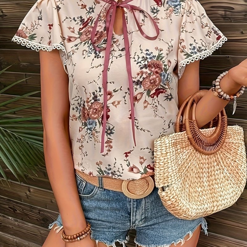 Women's Vintage French Floral Blouse with Bow Tie Neckline & Butterfly Sleeves - Lightweight Short Sleeve Top for Spring\u002FSummer, Machine Washable Elegant Casual Wear, Floral Print Blouse, Summer Fashion, Bellabuttonup Shirt, Nontransparent Fabric