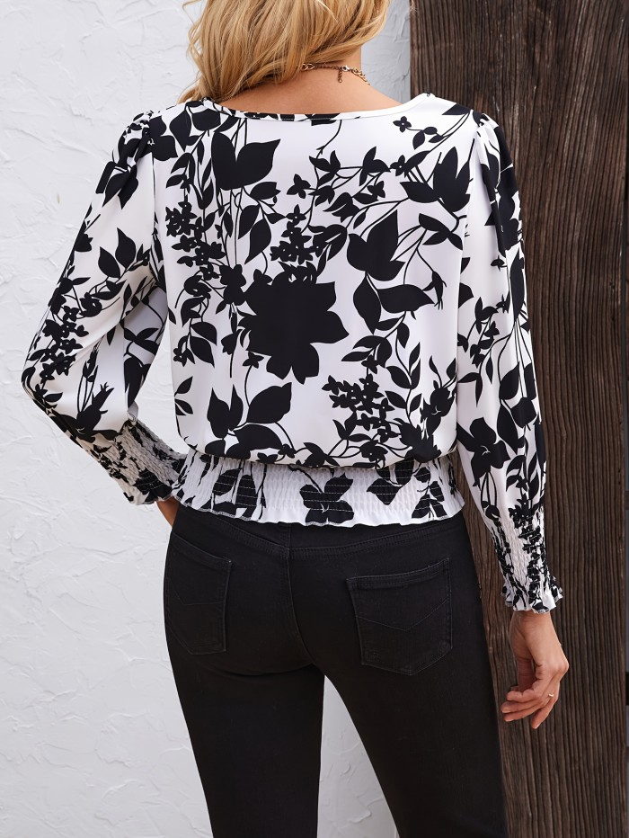Women's Black & White Floral Print Long Sleeve Blouse - Semi-Sheer Loose Fit Shirt with Puffed Shoulders, Elastic Cuffs & Tuck Detail, Round Neck Top for Casual & Formal Wear, Machine Washable, Versatile Fashion, Fabric