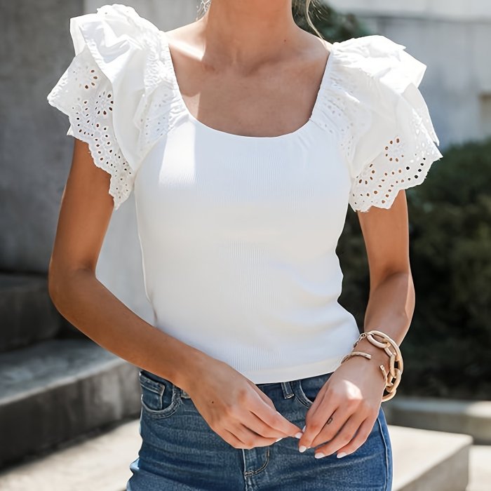 White Eyelet Ruffle Sleeve Slim Fitted Top