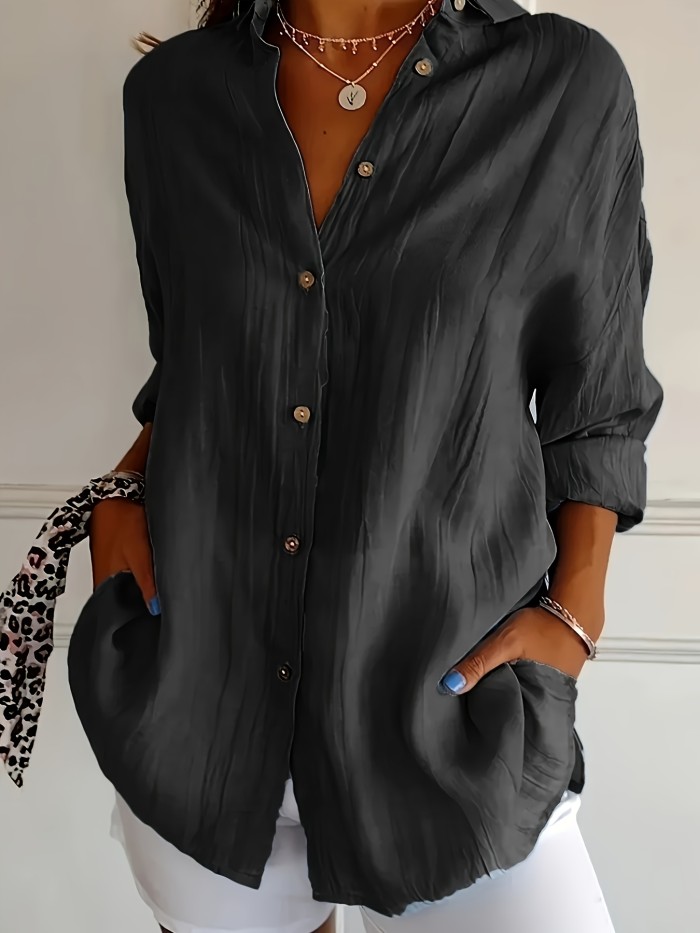 Women'S Solid Color Pleated Collar Women'S Solid Color Pullover Top