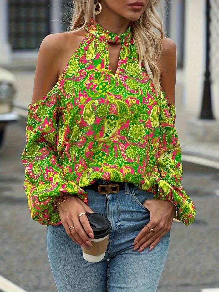 Women's Off-Shoulder Paisley Print Blouse - Lightweight Polyester Machine-Washable Top with Puffed Sleeves, Vibrant Green Floral Pattern for Spring\u002FSummer Casual & Formal Wear