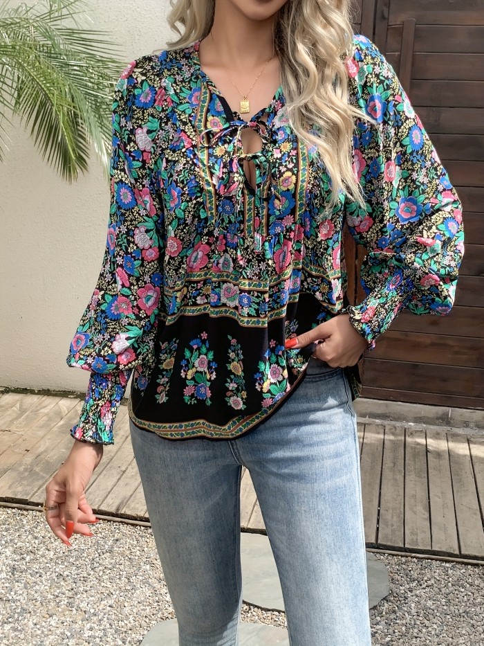 Women's Bohemian Floral shirt - Loose V-Neck Blouse with Drawstring, Long Sleeve boho top in Floral Print (Red\u002FBlue\u002FPink\u002FBlack\u002FTeal\u002FOrange\u002FPurple\u002FWhite\u002F) for Vacation, Festival, Everyday - Machine Washable Lightweight Blouse, Festival Attire, Nontransparent Fabric