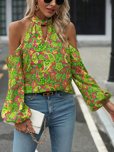 Women's Off-Shoulder Paisley Print Blouse - Lightweight Polyester Machine-Washable Top with Puffed Sleeves, Vibrant Green Floral Pattern for Spring\u002FSummer Casual & Formal Wear