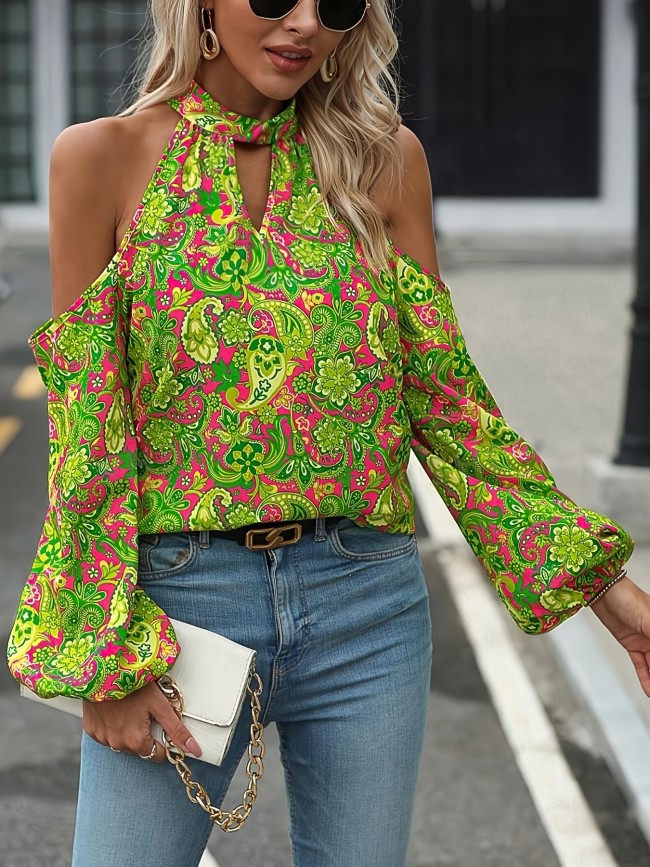 Women's Off-Shoulder Paisley Print Blouse - Lightweight Polyester Machine-Washable Top with Puffed Sleeves, Vibrant Green Floral Pattern for Spring\u002FSummer Casual & Formal Wear