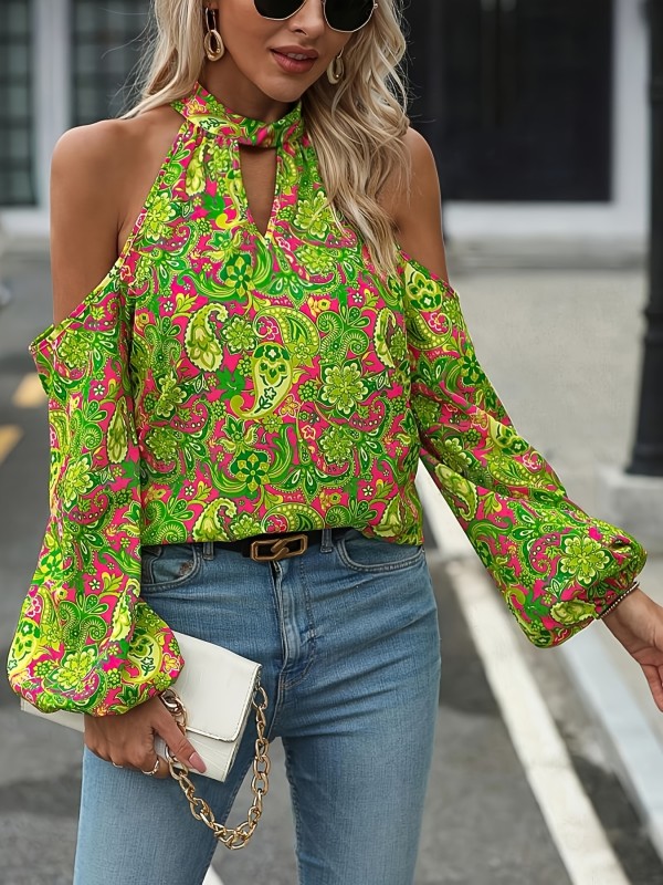 Women's Off-Shoulder Paisley Print Blouse - Lightweight Polyester Machine-Washable Top with Puffed Sleeves, Vibrant Green Floral Pattern for Spring\u002FSummer Casual & Formal Wear