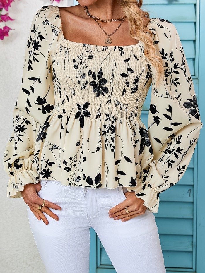 A body-hugging floral print, flattering long sleeve shirt, with an elegant bohemian vacation vibe, ladies' square neck blouse with long sleeves