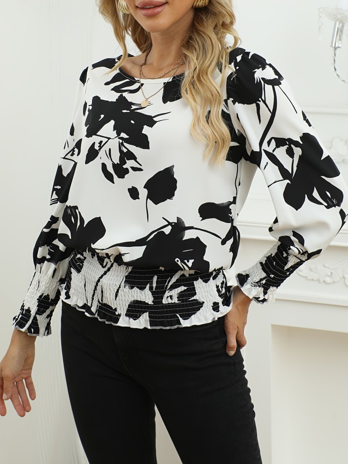 Women's Black & White Floral Print Long Sleeve Blouse - Semi-Sheer Loose Fit Shirt with Puffed Shoulders, Elastic Cuffs & Tuck Detail, Round Neck Top for Casual & Formal Wear, Machine Washable, Versatile Fashion, Fabric