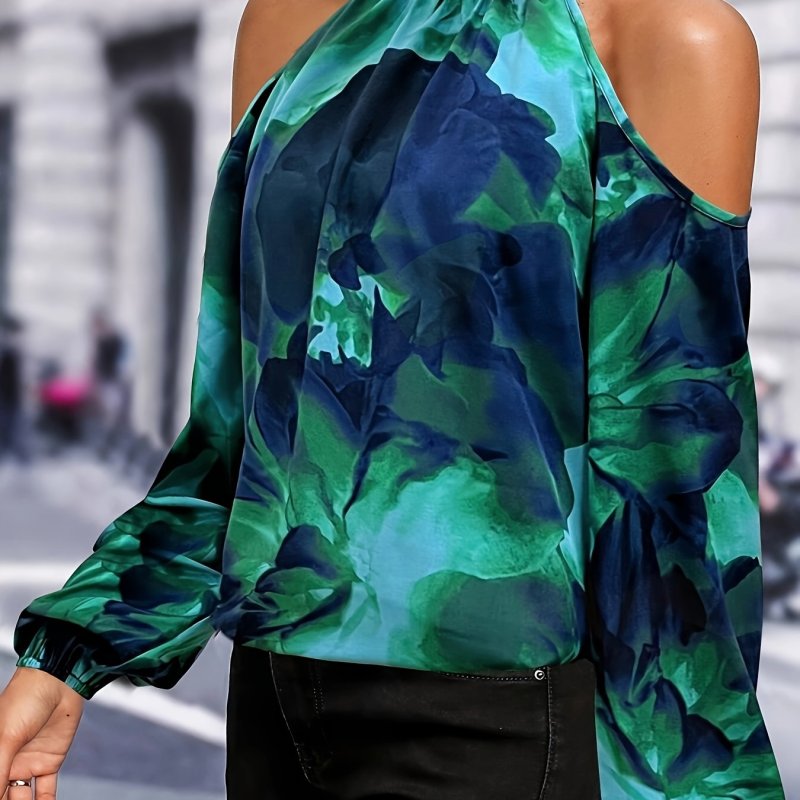 Women'S Off-Shoulder Long Sleeve Floral Print Blouse - Elegant Casual Top with Thin Straps and Ruffled Edges, Perfect for Spring and Autumn, Floral Print Blouse