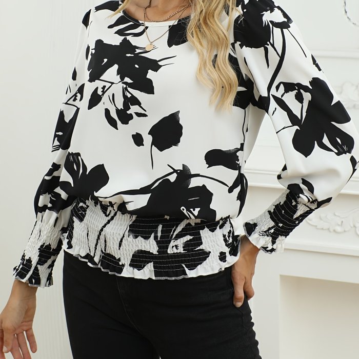 Women's Black & White Floral Print Long Sleeve Blouse - Semi-Sheer Loose Fit Shirt with Puffed Shoulders, Elastic Cuffs & Tuck Detail, Round Neck Top for Casual & Formal Wear, Machine Washable, Versatile Fashion, Fabric