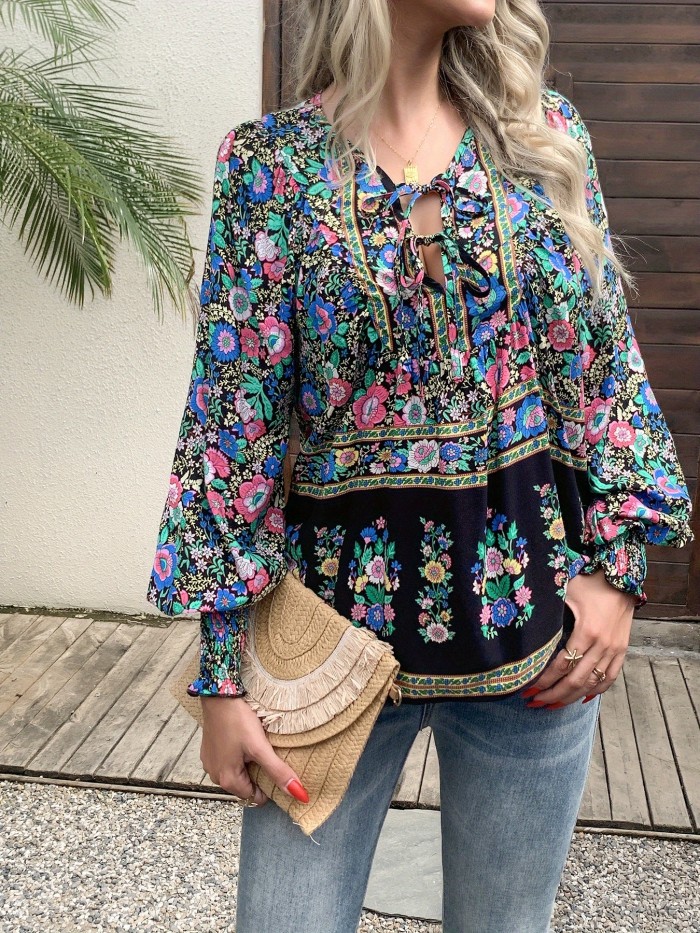Women's Bohemian Floral shirt - Loose V-Neck Blouse with Drawstring, Long Sleeve boho top in Floral Print (Red\u002FBlue\u002FPink\u002FBlack\u002FTeal\u002FOrange\u002FPurple\u002FWhite\u002F) for Vacation, Festival, Everyday - Machine Washable Lightweight Blouse, Festival Attire, Nontransparent Fabric