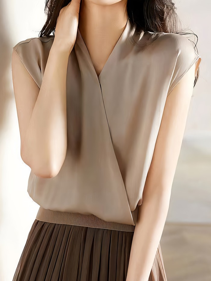 Summer French Style Sleeveless Blouse Solid Color Surplice Neck Blouse, Elegant Sleeveless French Style Blouse For Summer, Women's Clothing