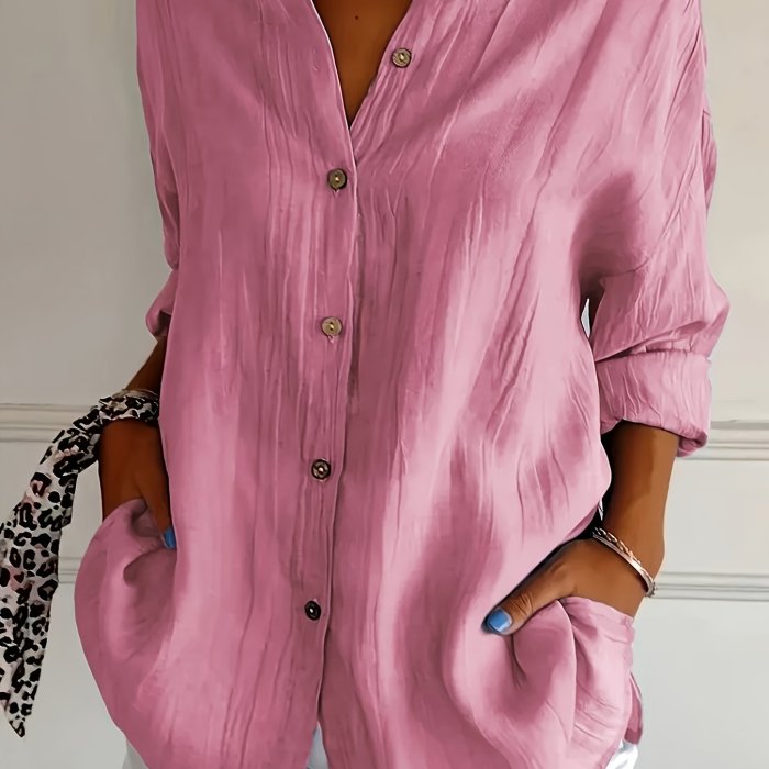 Women'S Solid Color Pleated Collar Women'S Solid Color Pullover Top