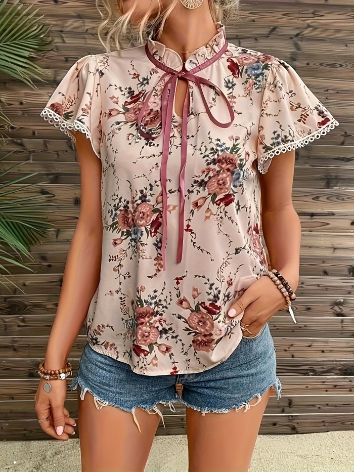 Women's Vintage French Floral Blouse with Bow Tie Neckline & Butterfly Sleeves - Lightweight Short Sleeve Top for Spring\u002FSummer, Machine Washable Elegant Casual Wear, Floral Print Blouse, Summer Fashion, Bellabuttonup Shirt, Nontransparent Fabric