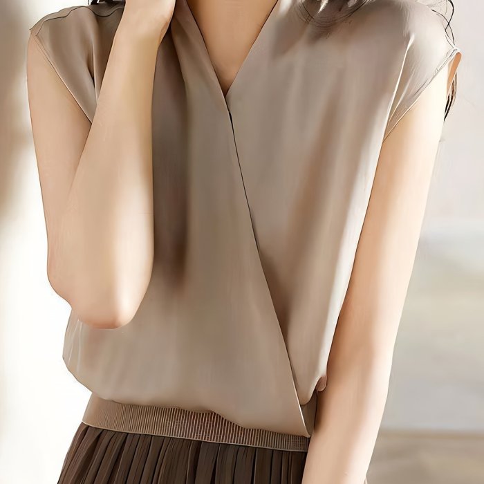 Summer French Style Sleeveless Blouse Solid Color Surplice Neck Blouse, Elegant Sleeveless French Style Blouse For Summer, Women's Clothing