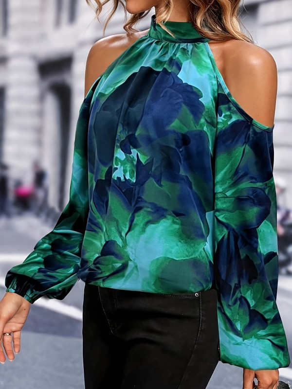 Women'S Off-Shoulder Long Sleeve Floral Print Blouse - Elegant Casual Top with Thin Straps and Ruffled Edges, Perfect for Spring and Autumn, Floral Print Blouse